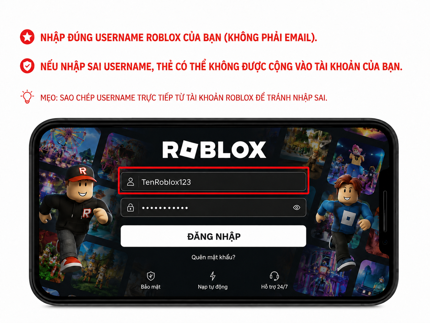 Hướng dẫn nhập đúng username Roblox